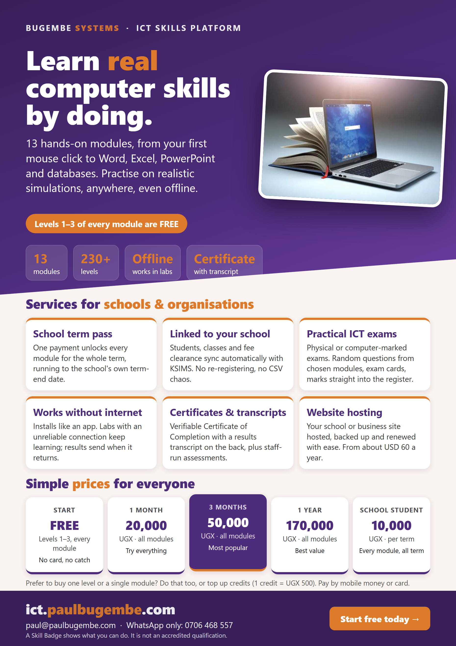 A4 poster with the ICT Skills Platform services for schools and all pass prices.