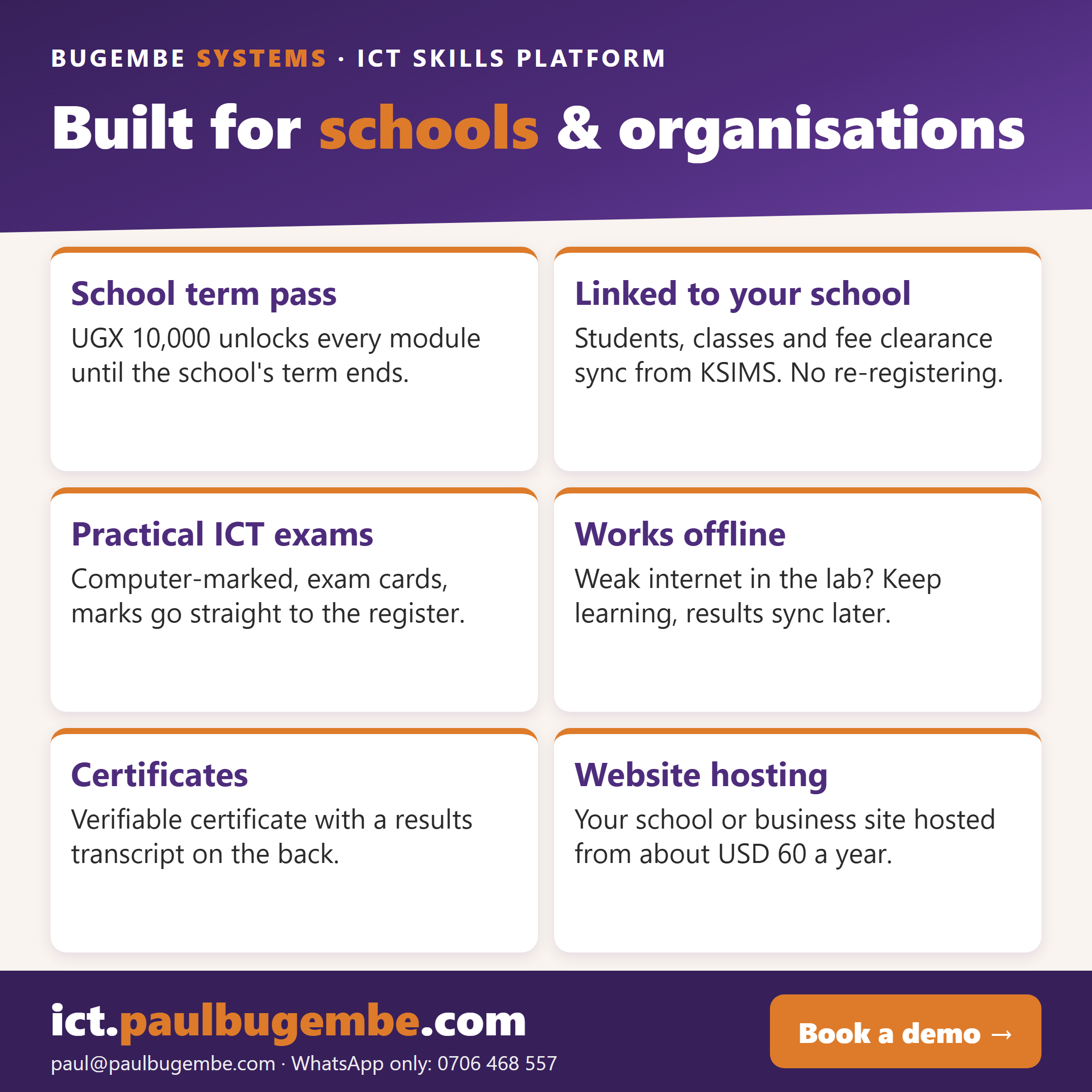 Built for schools and organisations: term pass, school system link, ICT exams, offline use, certificates and hosting.